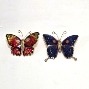 Vintage Butterfly Scatter Pin Goldtone Metal Red Blue Pair Excellent Condition